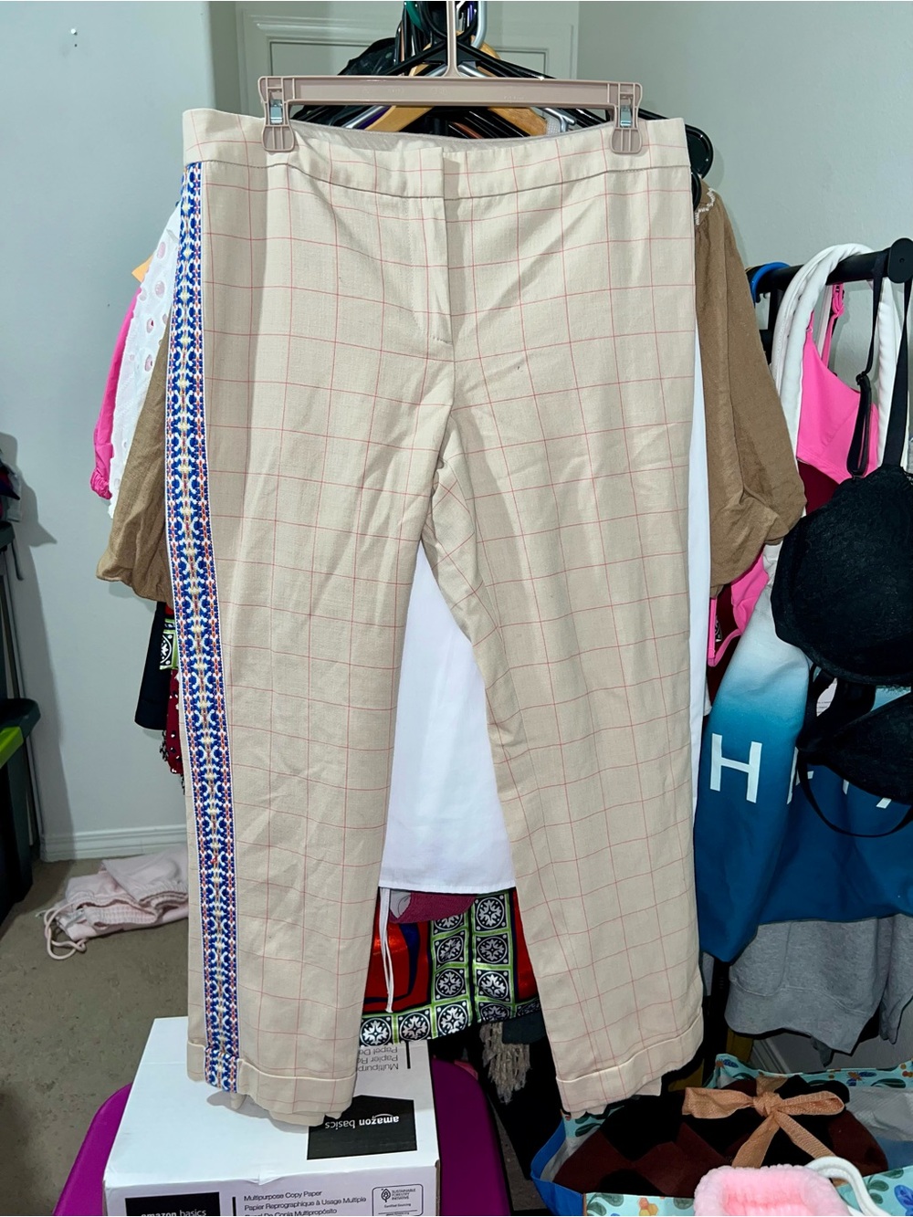 Tory Burch Women's Wool Blend Tan Check Tuxedo Stripe Crop Pants.